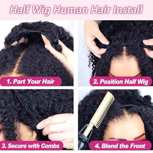SENSAIRUITE Deep Wave Half Wig Human Hair Curly Half Wigs for Women - Upgrade Drawstring 3 in 1 Seamless Flip Over Glueless Wig 22-inch Natural Black