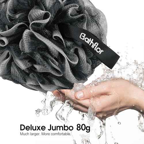 Loofah Sponge Exfoliating Body Scrubber: 4PCS Extra Large 80g Shower Loofahs Poufs, 1PCS Long Handle Loofa Back Scrubber, 1PCS Luffa Hook, Charcoal Loofah Pack for Women Men Bath Wash, Black