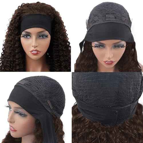WENYAN Chocolate Brown Headband Wig Human Hair Deep Wave 18 Inch Curly Glueless Headband Wigs for Black Women None Lace Front Wigs Human Hair Brazilian Virgin Hair Wear and Go Wigs 150% Densitys