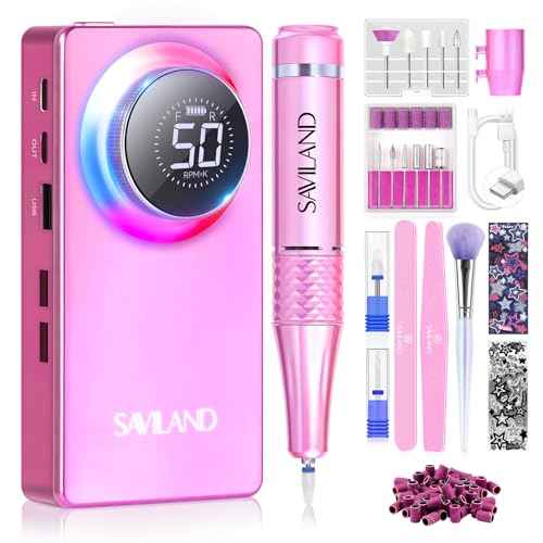 SAVILAND Professional Nail Drill Kit: 50000RPM Rechargeable Electric Nail File Machine E-File with 6000mAh Battery, Ceramic Bits and Stickers for Manicure Pedicure Shaping & Acrylic Removal Salon Use