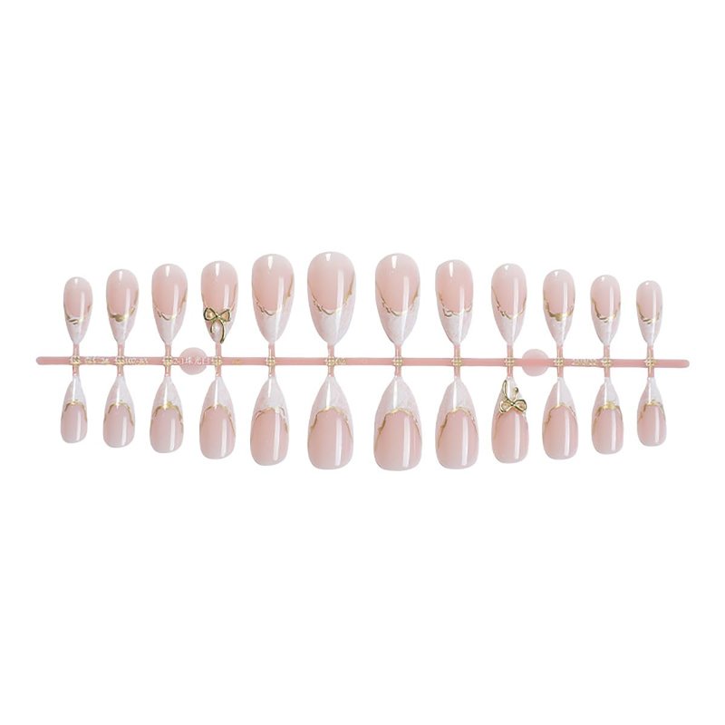 24Pcs White French Tip Press on Nails Medium Almond Fake Nails with 3D Bow Design Gold Line Artificial Stick on Nails Cute False Nails French Full Cover Glue on Nails for Women Manicure Salon Kits
