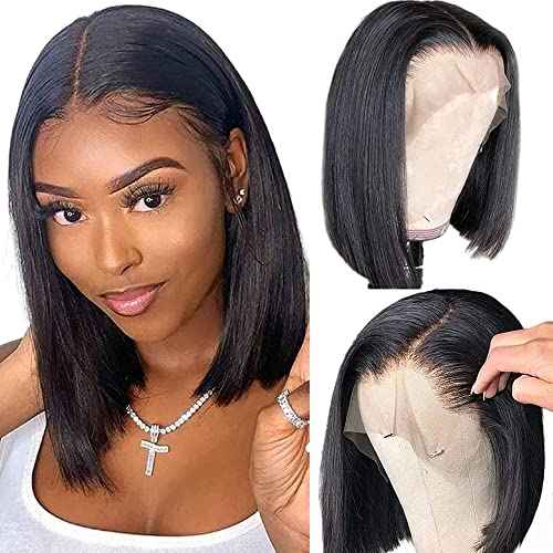 14 inch Short Bob Wigs 13x4 Frontal Bob Transparent Lace Front Wigs Human Hair Pre Plucked Brazilian Virgin Hair Wigs for Black Women Natural Black