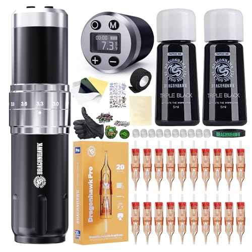 Dragonhawk Wireless Tattoo Gun Kit, Rotary Tattoo Machine Pen with 2 Batteries Power Supply, 20 Count Extra Smooth Needles Cartridges, Adjustable 7 Strokes Length for Beginners