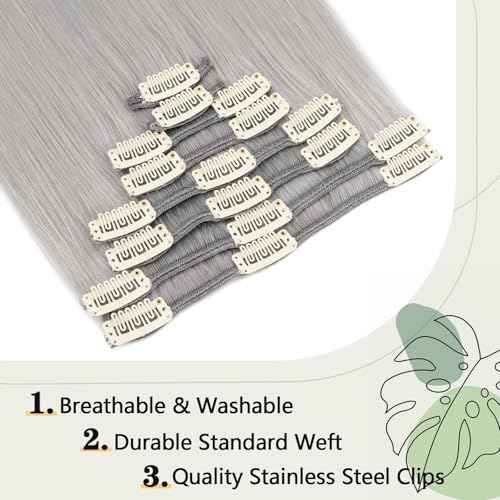 Clip in Hair Extensions Human Hair S-noilite Gray Human Hair Short Hair Clip in Extensions Full Head 8 Pieces/18 Clips 100% Real Human Hair Silky Straight 16"-90g Light Gray (#G1)
