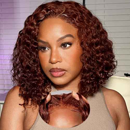 FABA 12 Inch Chocolate Brown Curly Wig Human Hair 7x5 Glueless Wigs Human Hair Pre Plucked Pre Cut 200% Density Brown Deep Wave Wig For Women #4 Short Curly Bob Wigs