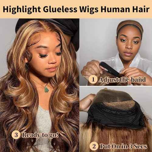 24 Inch Highlight Ombre Glueless Wigs Human Hair Pre Plucked Pre Cut 200% Density 5x5 HD Lace Closure Wigs Human Hair Honey Blonde Body Wave Wear and Go Glueless Wig for Women 3X Longer Lifespan