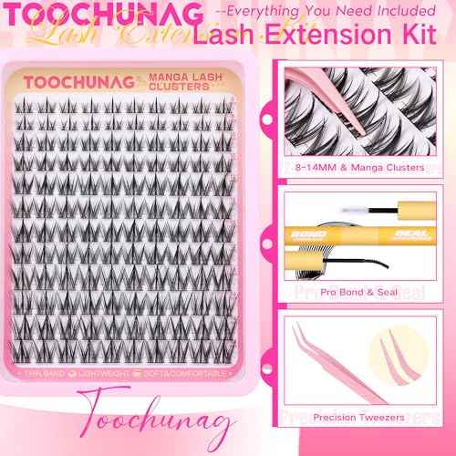 Manga Lash Clusters Kit 8-14mm Natural Eyelash Clusters DIY Lash Extension Kit Anime Lashes Clusters Thin Band Individual Cluster Eyelash Extensions with Lash Glue&Tweezers by TOOCHUNAG