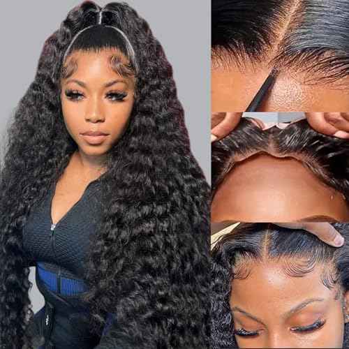 Wear and Go Glueless Wigs Human Hair Pre Plucked Pre Cut 5x5 HD Closure Wigs Human Hair Deep Wave Lace Front Wigs for Black Women 210% Dentisy 12A Deep Curly Glueless Wig Bleached Knots (24 Inch)