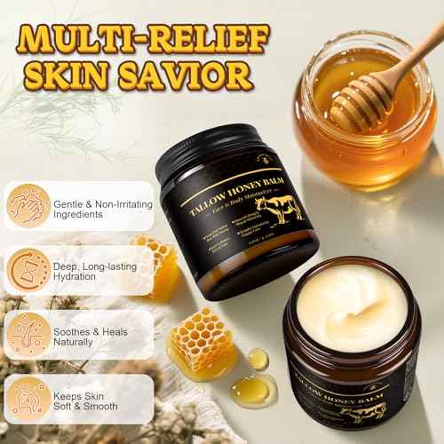 Beef Tallow for Skin, Tallow and Honey Balm for Face, Grass-Fed Beef Tallow Face Moisturizer, Deeply Moisturizing for Dry & Sensitive Skin (4.23oz/120g)