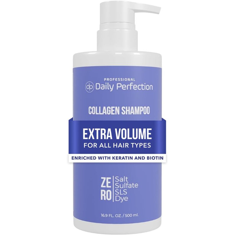 Daily Perfection Collagen Volumizing Shampoo - Extra Volume Daily Cleanser with Biotin and Keratin for All Hair Types - Salt, Sulfate and Paraben Free - 16.9 Fl Oz