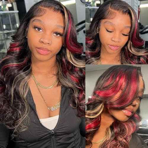 13x6 Burgundy Lace Front Wigs Glueless Pre Plucked Red Blonde Highlight Omber Lace Front Wigs 180% Density Wear and Go Wigs 22Inch