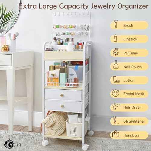 YGJT Makeup Organizer, Floor Skincare Cosmetics Organizer with Drawers, Jewelry Organizers and Storage for Earring Necklace, Vanity Organizer for Skin Care Perfume Makeup Brush Nail Polish Hair Tool