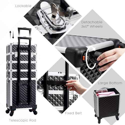 Adazzo 4 in 1 Rolling Makeup Case Cosmetic Train Case Trolley Roll Travel Box for Makeup Artist, Hairstylists, Nail Tech Makeup Cart with Key Swivel Wheels Barber Case Traveling Trunk Black