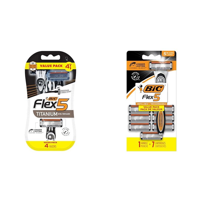 BIC Flex 5 Titanium Disposable Razors for Men - 4 Piece Set | Refillable Razors with 1 Handle & 7 Cartridges