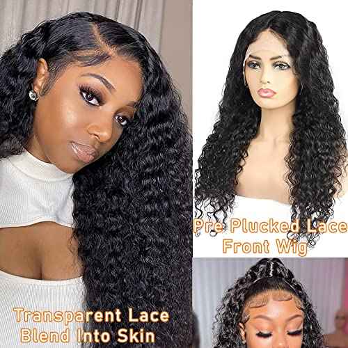 Edwad 13x4 Deep Wave Lace Front Wigs Human Hair Pre Plucked,180 Density HD Transparent Lace-100% Unprocessed Brazilian Virgin Human Hair for Black Women Natural Color