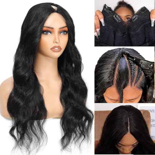 V Part Wig Human Hair Body Wave Upgrade U Part Human Hair Wig With Clips Glueless Wigs Human Hair Beginner Friendly 18 Inch V Shape Clip In Half Wigs for Women No Leave Out 180% Density