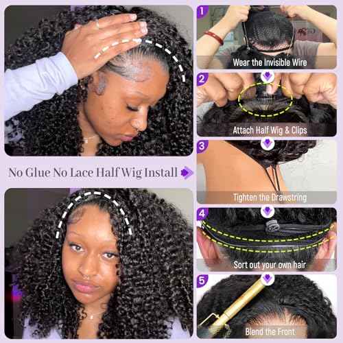 Kinky Curly Half Wig Human Hair 200 Density Glueless Wig Curly Half Wig Invisible Wire Snap Clips Drawstring Flip Over Easy Wear Headband Wig Human Hair Beginner Friendly 22 Inch