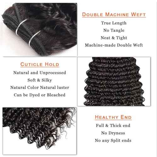 Deep Wave Human Hair Bundles 12A 18 20 22 Inch, 3 Bundle 100% Unprocessed Virgin Brazilian Human Hair Extensions Quick Weave Natural Black, Can be Dyed