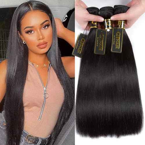 QTHAIR 16A Straight Human Hair Bundles 100% Unprocessed Indian Virgin Human Hair Extensions Indian Straight Virgin Human Hair Bundles (18" 18" 18",300g,Natural Black)