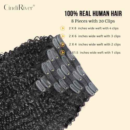 Curly Clip in Hair Extensions,Real Human Hair Afro Kinky Curly Clip in Hair Extensions for Women,Remy Human Curly Clip ins Human Hair 8 Pcs with 20 Clips,18 inch