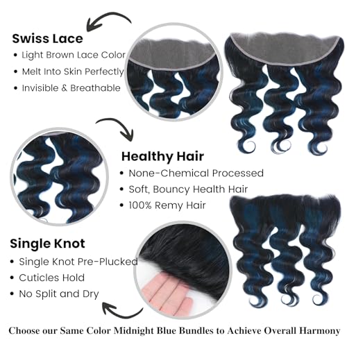 ALHER #1B/BlueBody Wave 13x4 Lace Frontal Human Hair, Black Mix Blue HD Transparent Lace Frontal Closure Ear to Ear 100% Virgin Remy Human Hair for Black Women 150% Density 16 Inch