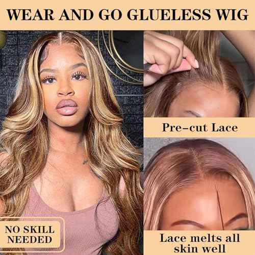 24 Inch Highlight Ombre Glueless Wigs Human Hair Pre Plucked Pre Cut 200% Density 5x5 HD Lace Closure Wigs Human Hair Honey Blonde Body Wave Wear and Go Glueless Wig for Women 3X Longer Lifespan