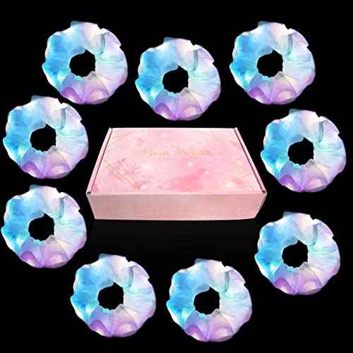 9 Pcs Light Up White Scrunchies, 3 Light Modes Halloween Led Hair Tie, Light Scrunchy for Girls, Glow Bands Ponyair Htail Holder Glow in the Dark Hair Accessories Neon Rave party supplies (White)