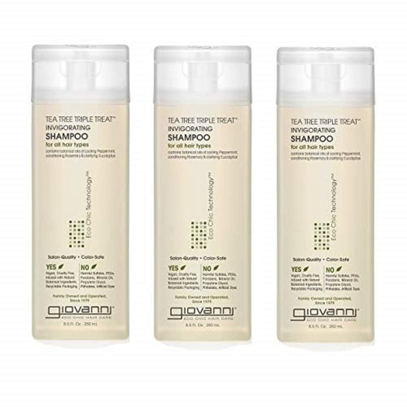 GIOVANNI Tea Tree Triple Treat Invigorating Shampoo - Cooling Peppermint, Eucalyptus & Rosemary, Strengthen & Rejuvenate Hair & Scalp, Salon Quality, Paraben Free, Tea Tree Shampoo - 8.5 oz (3 Pack)