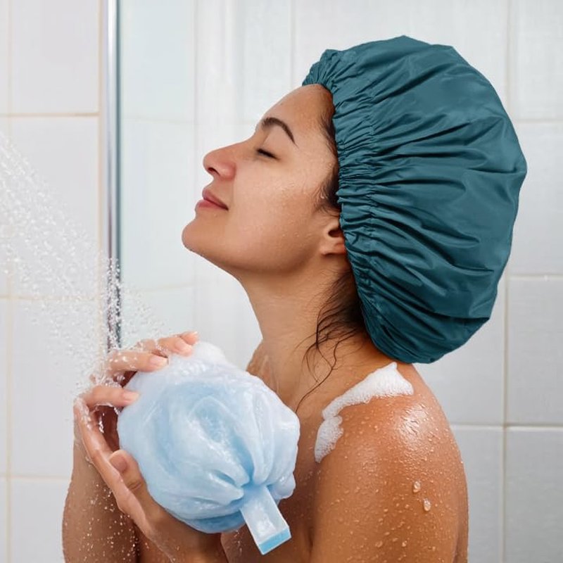 Reusable Shower Cap for Women - Large Waterproof Bonnet with Elastic Band | Washable Bath Hair Cap for Long, Curly Hair (Blue Zircon)