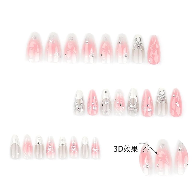 Press On Nails - Medium Almond Gradient Pink & White with Silver Bow | 24 Reusable 3D Rhinestone French Tip Nails for Women