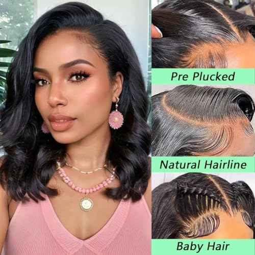 16 Inch Bob Wig Human Hair 13x6 Body Wave Lace Front Wigs Human Hair Pre Plucked 200 Density HD Lace Frontal Wigs for Women Glueless Wigs Natural Black