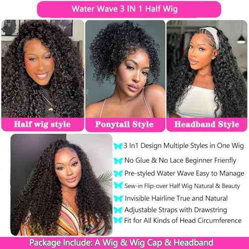 Half Wig Human Hair 200% Density Water Wave Glueless Wigs Human Hair 3 In 1 Drawstring Seamless Flip Over with Adjustable String Invisible Hairline Beginner Friendly Headband Wig 20 Inch