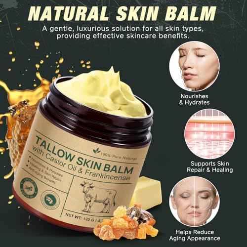 Beef Tallow for Skin & Face Cream with Castor Oil and Frankincense,120g,Organic Natural 100% Grass Fed,Whipped Beef Tallow Balm Deeply Moisturizing for Face & Body Care,4.2 oz