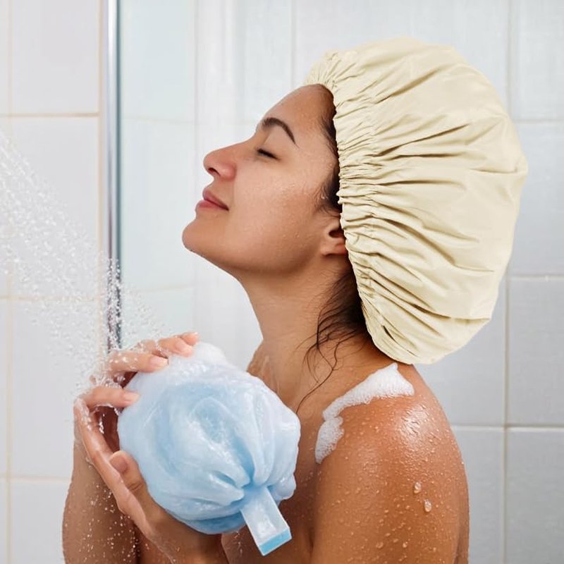 Reusable Waterproof Shower Cap for Women - Large Elastic Hair Bonnet for Long, Curly Hair | Champagne Color