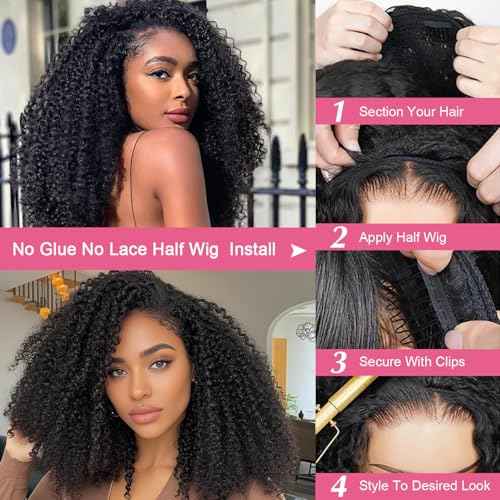 Curly Half Wig Human Hair Wear and Go Glueless Wigs Human Hair 200% Density Kinky Curly 3 In 1 Half Wigs for Women Drawstring Seamless Flip Headband Wig Beginner Friendly 22 Inch