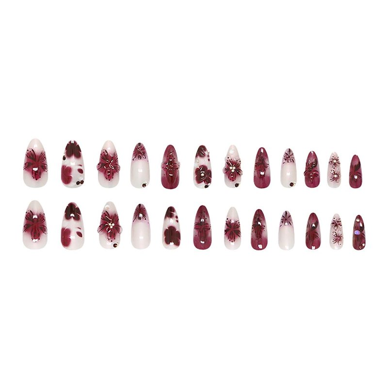 24Pcs Flower Press on Nails Medium Almond Fake Nails 3D Floral with Rhinestones Press Ons Glue on Nails Purple Full Cover Full Cover French Tip False Nails Stick on Nails for Women Spring Acrylic