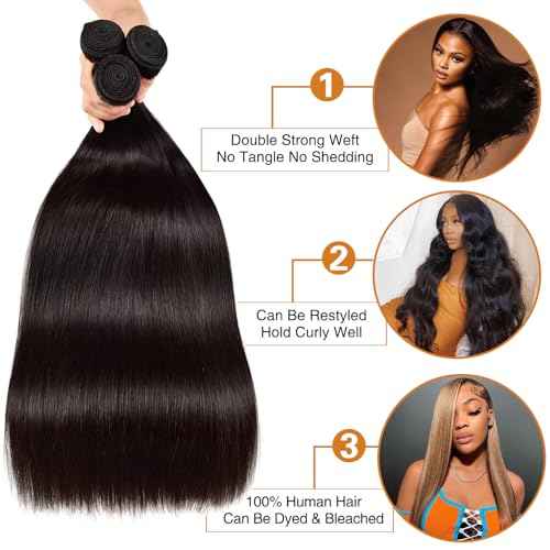 Straight Human Hair Bundles 24 26 28 Inch 100% Unprocessed Brazilian Remy Virgin 10A Straight Quick Weave 3 Bundles Deals Human Hair Extensions Natural Black