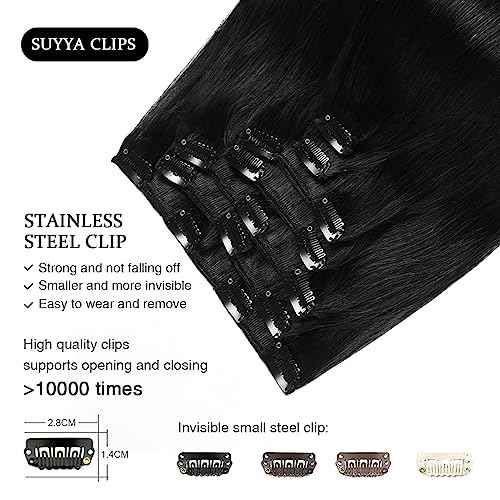 SUYYA Clip in Hair Extensions Real Human Hair, 16 inch 120g Jet Black Clip in Hair Extensions Human Hair Straight Human Hair Clip ins Double Weft(16 inches #1 Jet black)