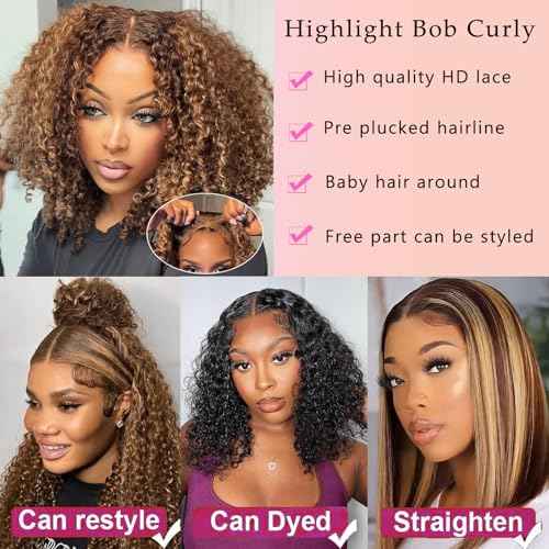 Bob Wig Human Hair Highlight Ombre 13x6 Frontal Lace Wig Deep Curly Virgin Human Hair Wig Pre Plucked HD Transparent Lace Frontal Wigs for Women 14 Inch