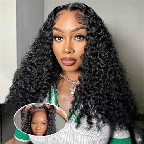 Curly BOB Wig Human Hair 200 Density 5x5 HD Lace Closure Deep Wave Wigs for Black Women Glueless Wear and Go Pre Plucked Deep Wave Wet and Wavy Glueless Wigs Human Hair Natural Black 18 Inch