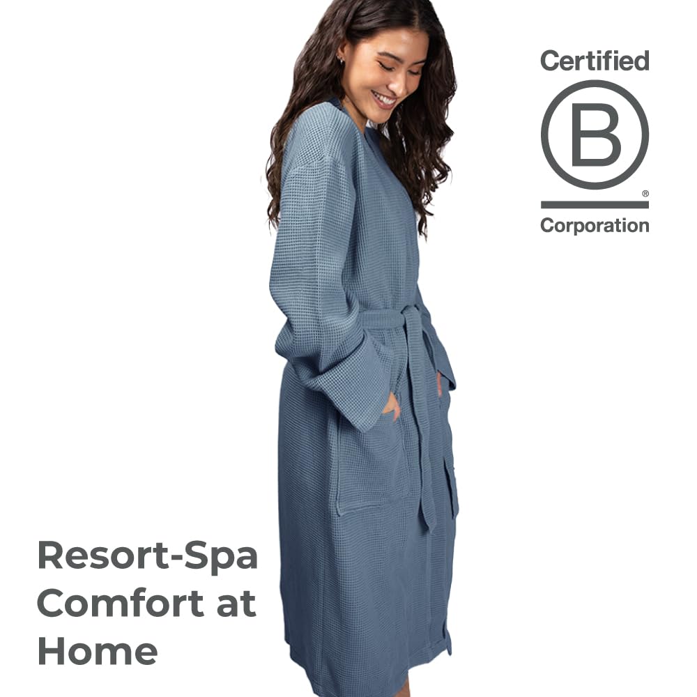 Cariloha Bamboo Viscose Waffle Knit Bath Robe for Women and Men with Lightweight Turkish Cotton - Breathable Moisture-Wicking Bathrobe with Pockets - Unisex Large/Extra Large - Marine Blue