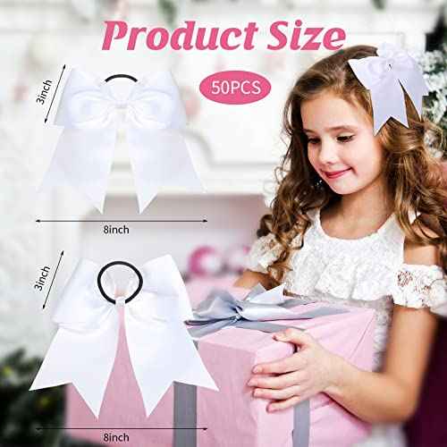 Yunlly 50 Pcs 8" Cheer Hair Bows Bulk Large Hair Bows for Girls Cheerleaders Ponytail Holder Elastic Band Ties for Teen College Sports Cheerleading Accessories(White)