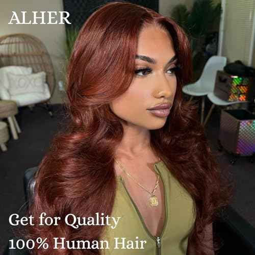 ALHER #33 Reddish Brown Body Wave 13x4 Lace Frontal Human Hair 18 Inch, Copper Brown Auburn Colored HD Transparent Lace Frontal Closure Ear to Ear 100% Virgin Remy Human Hair 150% Density