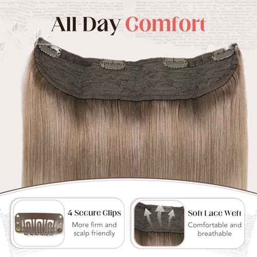 XDhair Wire Hair Extensions Human Hair 70g 16 Inch Ombre Light Brown to Ash Blonde Fish Wire Hair Extensions Invisible Straight 16 Inch #8T60