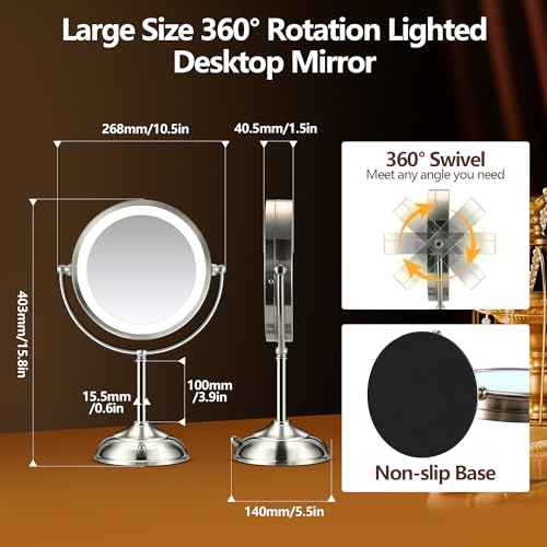20x Large Lighted Makeup Mirror, Rechargeable 9" Magnifying Makeup Mirror, 30-Minute Timer,3 Color Modes, Adjustable Brightness, No Assembly Required, 360¡Æ Rotation Cosmetic Mirror, Pearl Nickel