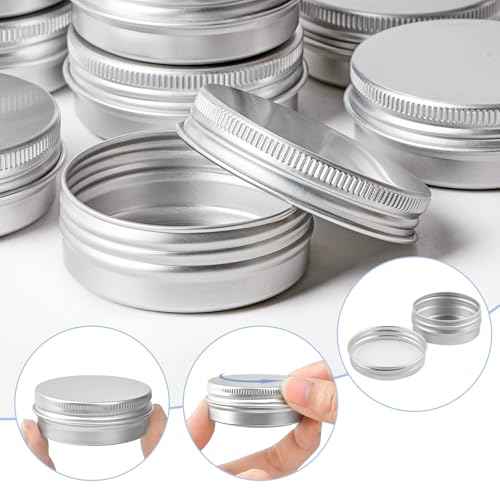 TUZAZO 12Pack 2 Oz Aluminum Tin Cans with Screw Lid and Labels, Refillable Travel Sized Cosmetic Containers Small Tins for Salves, Lotion Bars, Beard Balms, Candles