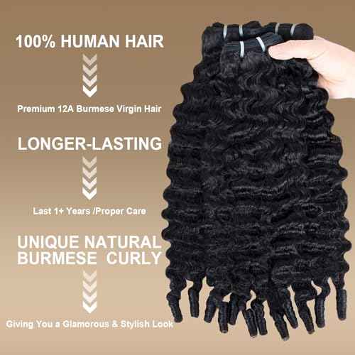 Burmese Curly Bundles Human Hair 16 18 20 Inch 100% Unprocessed Quick Weave 3c4a Deep Wave Bundles with Spiral Curly End Real Human Hair Extensions 12A Burmese Curly Human Hair Bundles Natural Black