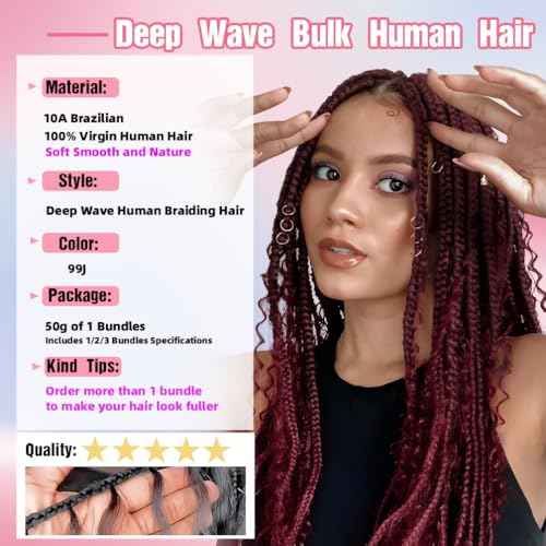 Human Braiding Hair, 2 Bundle 100g 20 Inch Boho Braids Human Hair 10A Deep Wave Bulk Brazilian Virgin No Weft Wavy Hair Extension for Boho Knotless Bohemian Micro Braid Bulk for Braiding 99J