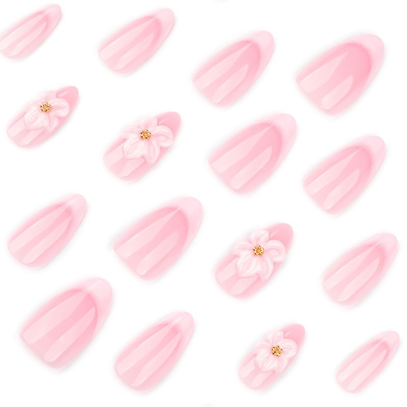 French Tip Press On Nails Almond Shape, Nude Pink with 3D Flower Design, Glossy Medium Fake Nails, Elegant Acrylic False Nails for Women Girls, Spring Floral Bridal Wedding Nails Reusable