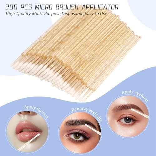 300 PCS Eyelash Extension Supplies Kit, Disposable Micro Swab Brush, Eyebrow Spoolie, Lip Brush, Mascara Wand Applicator (Crystal gold handle white kits)